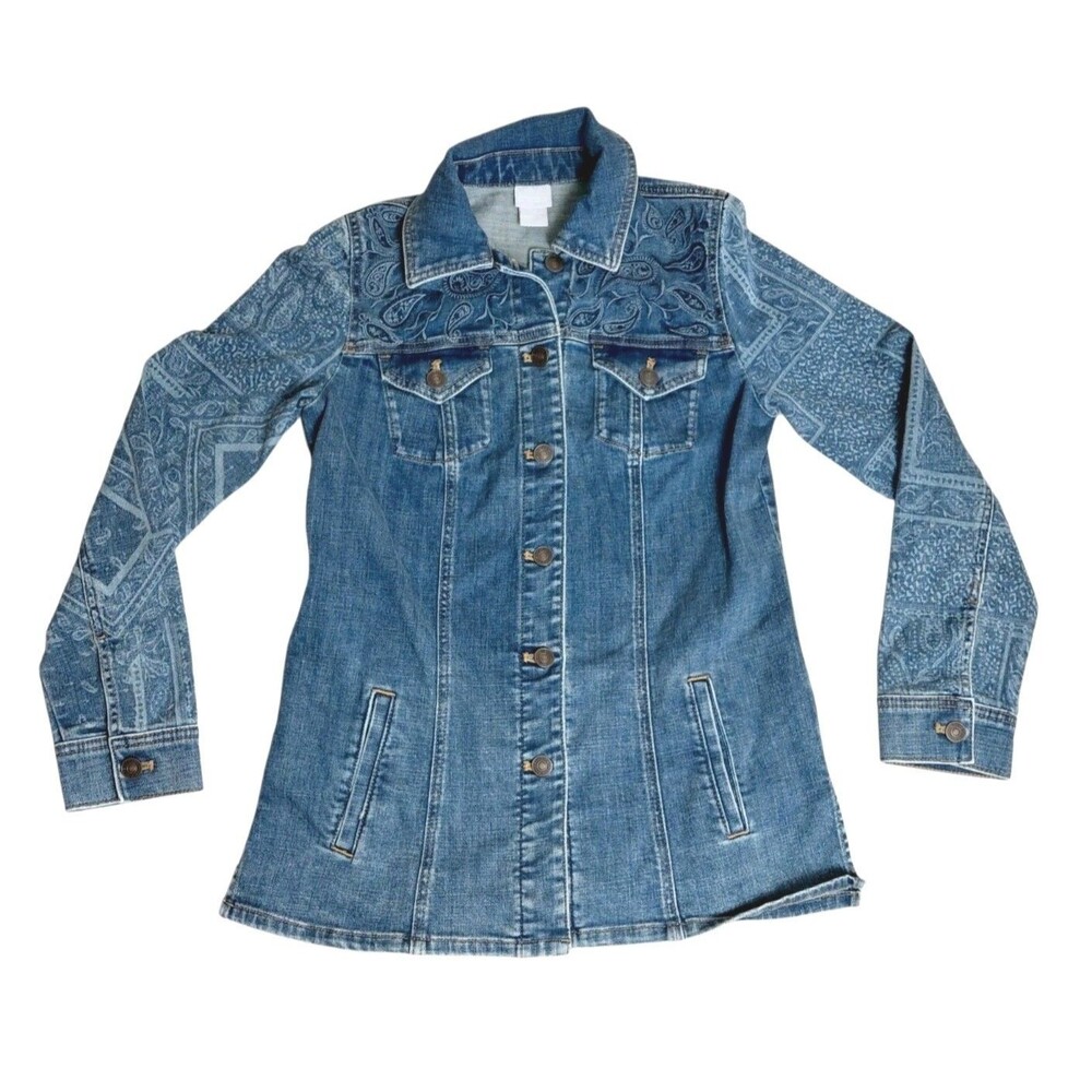 Chico's Blue Denim Jacket with Paisley Print